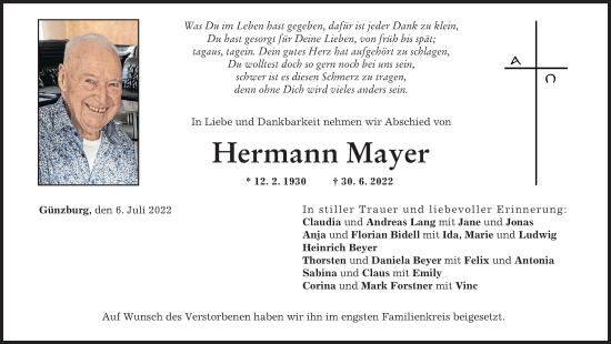 Traueranzeige von Hermann Mayer von Günzburger Zeitung