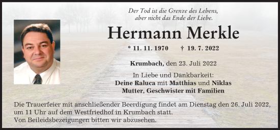 Traueranzeige von Hermann Merkle von Mittelschwäbische Nachrichten