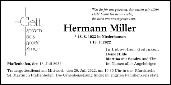 Traueranzeige von Hermann Miller von Neu-Ulmer Zeitung