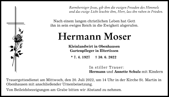Traueranzeige von Hermann Moser von Illertisser Zeitung
