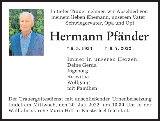 Traueranzeige von Hermann Pfänder von Schwabmünchner Allgemeine