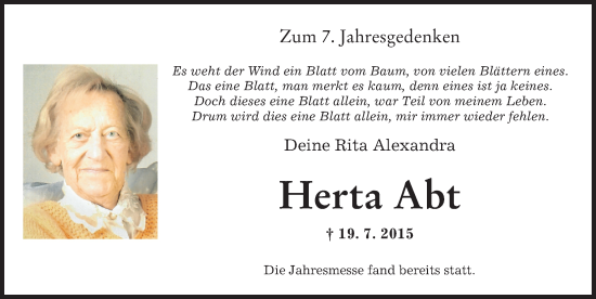 Traueranzeige von Herta Abt von Mindelheimer Zeitung