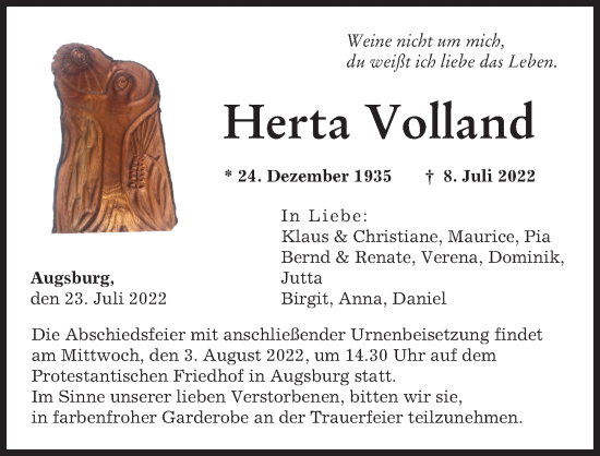 Traueranzeige von Herta Volland von Augsburger Allgemeine