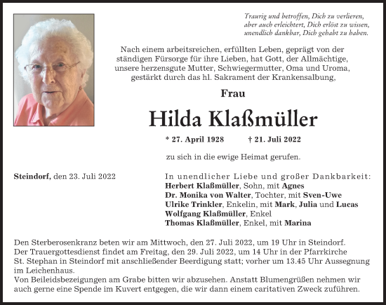 Traueranzeige von Hilda Klaßmüller von Friedberger Allgemeine