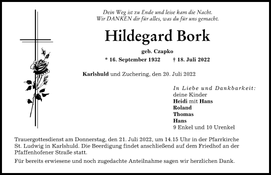 Traueranzeige von Hildegard Bork von Neuburger Rundschau