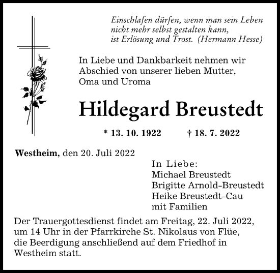 Traueranzeige von Hildegard Breustedt von Augsburger Allgemeine