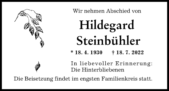Traueranzeige von Hildegard Steinbühler von Augsburger Allgemeine