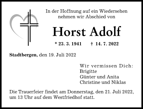 Traueranzeige von Horst Adolf von Augsburger Allgemeine