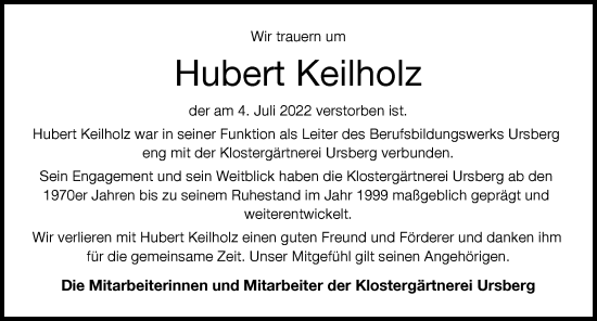 Traueranzeige von Hubert Keilholz von Mittelschwäbische Nachrichten