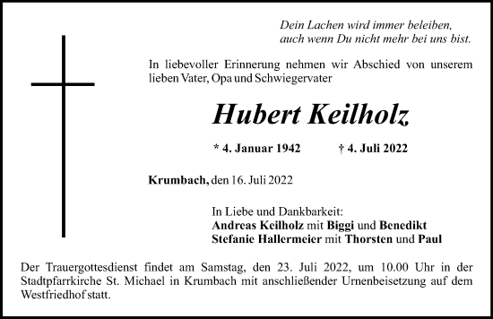Traueranzeige von Hubert Keilholz von Mittelschwäbische Nachrichten