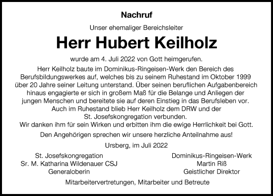 Traueranzeige von Hubert Keilholz von Mittelschwäbische Nachrichten