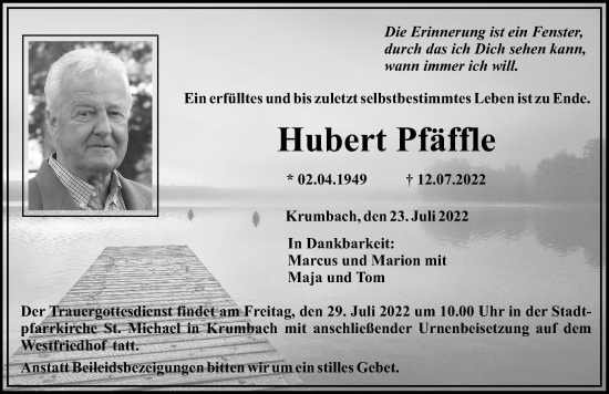 Traueranzeige von Hubert Pfäffle von Mittelschwäbische Nachrichten