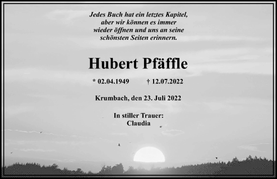 Traueranzeige von Hubert Pfäffle von Mittelschwäbische Nachrichten