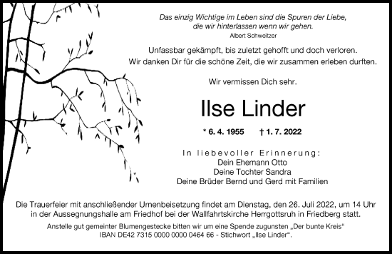 Traueranzeige von Ilse Linder von Augsburger Allgemeine