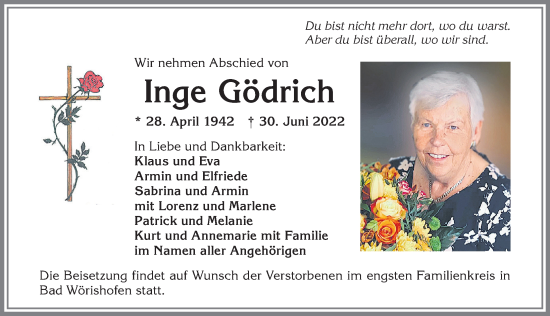 Traueranzeige von Inge Gödrich von Mindelheimer Zeitung