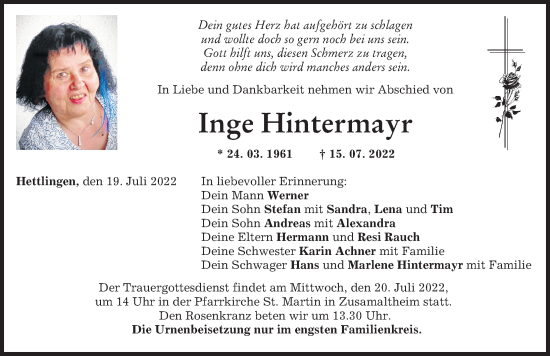 Traueranzeige von Inge Hintermayr von Wertinger Zeitung