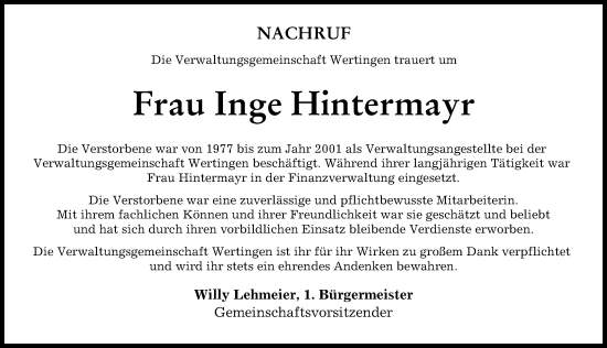 Traueranzeige von Inge Hintermayr von Wertinger Zeitung