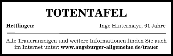 Traueranzeige von Inge Hintermayr von Augsburg-Land
