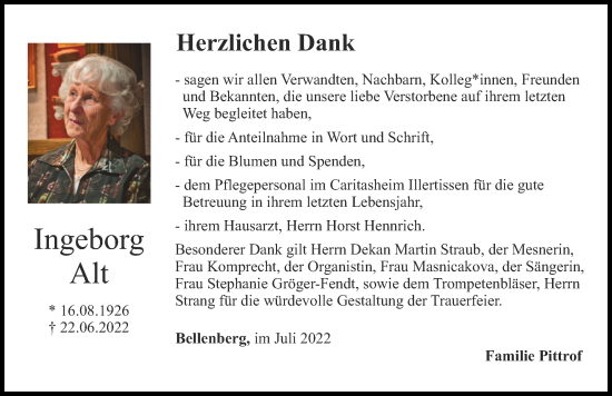 Traueranzeige von Ingeborg Alt von Illertisser Zeitung