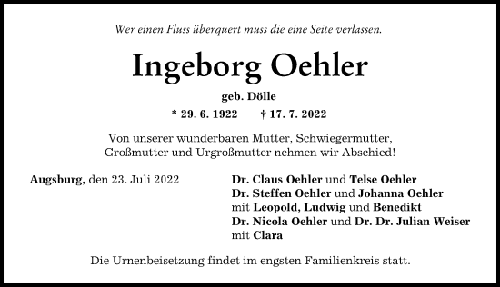 Traueranzeige von Ingeborg Oehler von Augsburger Allgemeine