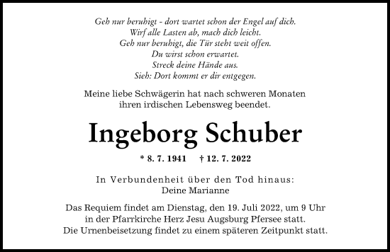 Traueranzeige von Ingeborg Schuber von Augsburger Allgemeine