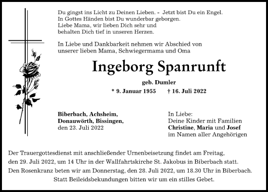 Traueranzeige von Ingeborg Spanrunft von Augsburg-Land