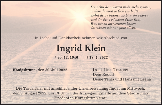 Traueranzeige von Ingrid Klein von Augsburger Allgemeine