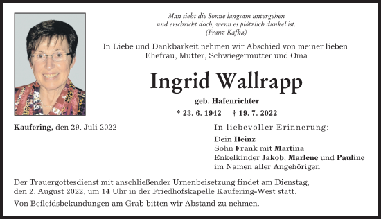 Traueranzeige von Ingrid Wallrapp von Landsberger Tagblatt