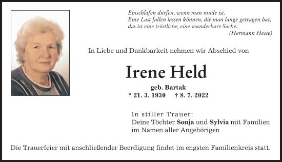 Traueranzeige von Irene Held von Friedberger Allgemeine