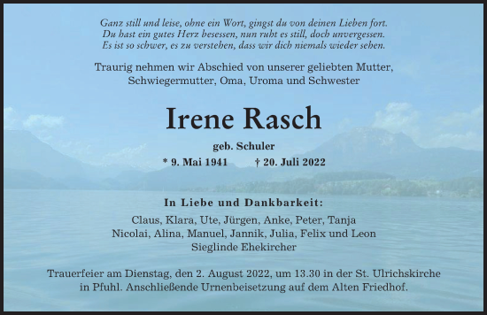 Traueranzeige von Irene Rasch von Neu-Ulmer Zeitung