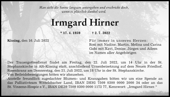 Traueranzeige von Irmgard Hirner von Friedberger Allgemeine