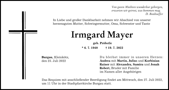Traueranzeige von Irmgard Mayer von Günzburger Zeitung