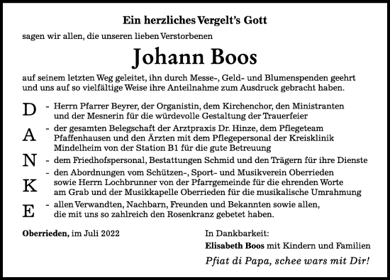 Traueranzeige von Johann Boos von Mindelheimer Zeitung