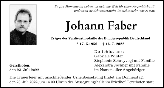 Traueranzeige von Johann Faber von Augsburger Allgemeine