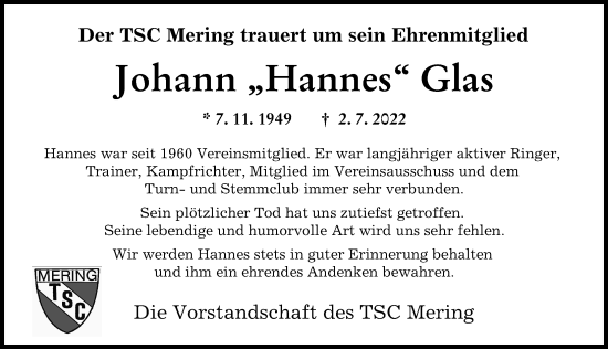 Traueranzeige von Johann Glas von Friedberger Allgemeine