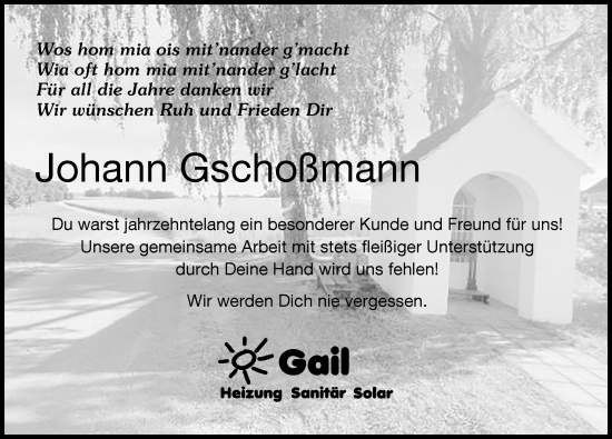Traueranzeige von Johann Gschoßmann von Friedberger Allgemeine