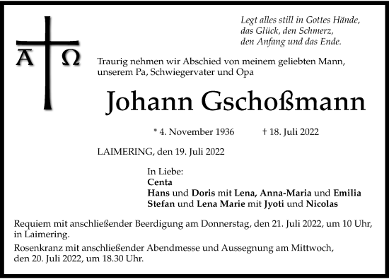 Traueranzeige von Johann Gschoßmann von Friedberger Allgemeine, Aichacher Nachrichten