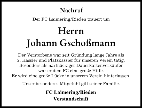 Traueranzeige von Johann Gschoßmann von Friedberger Allgemeine