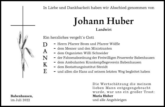 Traueranzeige von Johann Huber von Illertisser Zeitung