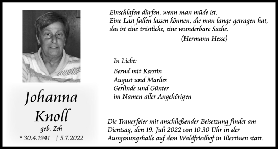Traueranzeige von Johann Knoll von Neu-Ulmer Zeitung, Illertisser Zeitung