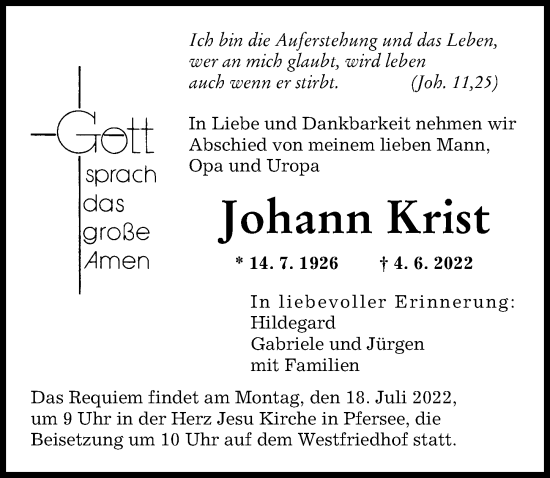 Traueranzeige von Johann Krist von Augsburger Allgemeine