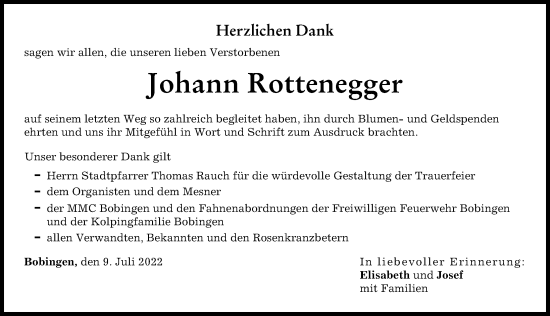 Traueranzeige von Johann Rottenegger von Schwabmünchner Allgemeine
