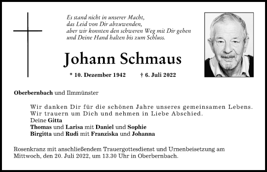 Traueranzeige von Johann Schmaus von Aichacher Nachrichten