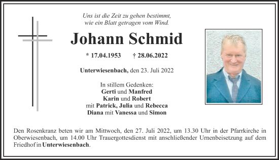 Traueranzeige von Johann Schmid von Mittelschwäbische Nachrichten