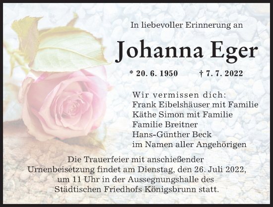 Traueranzeige von Johanna Eger von Augsburger Allgemeine