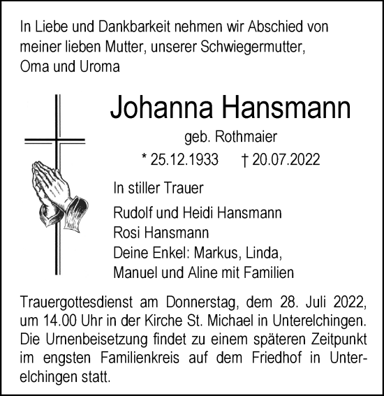 Traueranzeige von Johanna Hansmann von Augsburger Allgemeine, Neu-Ulmer Zeitung