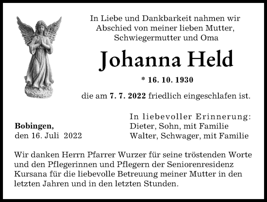 Traueranzeige von Johanna Held von Augsburger Allgemeine