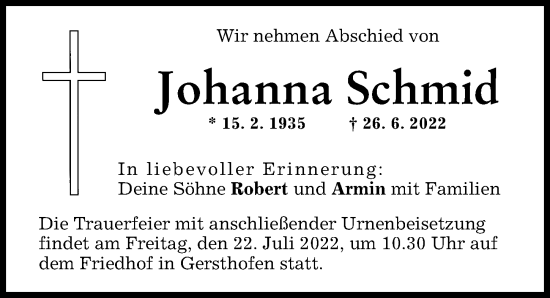 Traueranzeige von Johanna Schmid von Augsburg-Land
