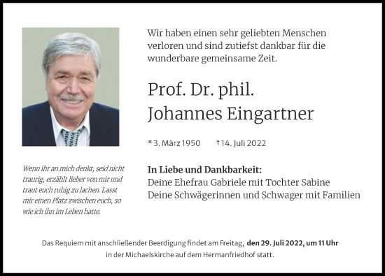 Traueranzeige von Johannes Eingartner von Augsburger Allgemeine