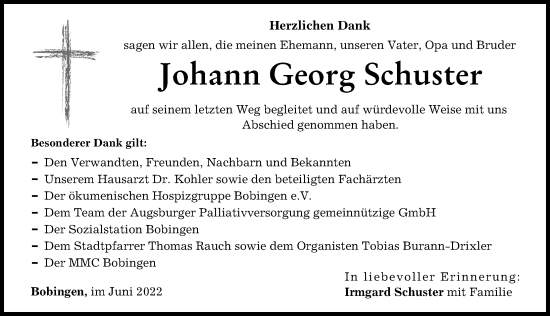 Traueranzeige von Johann Georg Schuster von Schwabmünchner Allgemeine